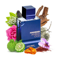 Haramain Amber Oud Dubai Night 100ml surrounded by fragrance notes like saffron, oud, rose, and amber