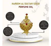 Hareem Al Sultan Gold Perfume Oil by Khadlaj, showcasing its luxurious bottle along with key fragrance notes of bergamot, gardenia, and sandalwood.