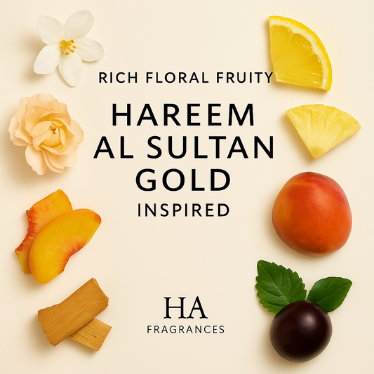 Hareem Al Sultan Gold Type Inspired perfume oil graphic by HA Fragrances featuring jasmine, bergamot, peony, pineapple, peach, plum, patchouli, and sandalwood notes arranged around the centered fragrance title.