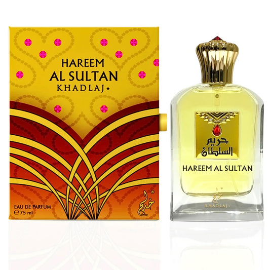 Hareem Al Sultan perfume by Khadlaj in its golden packaging with an ornate bottle design, 75 ml Eau de Parfum.