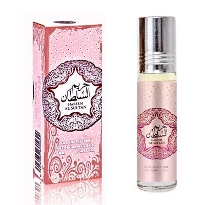 Hareem Al Sultan Concentrated Perfume Oil 10ml with its elegant pink box and matching roll-on bottle.