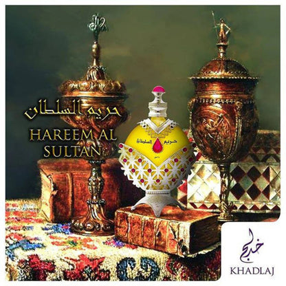 Hareem Al Sultan Perfume Oil by Khadlaj displayed in an artistic setting with regal props, showcasing its elegant design.