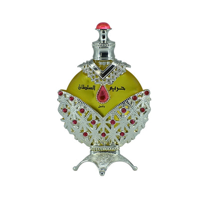 Hareem Al Sultan Perfume Oil by Khadlaj, 35ml, featuring a luxurious silver and red ornate bottle with intricate design details.
