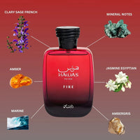 Hawas Fire for Him Eau De Parfum by Rasasi – Fragrance breakdown featuring Clary Sage, Jasmine, Marine Notes, Amber, Ambergris, and Mineral Notes.