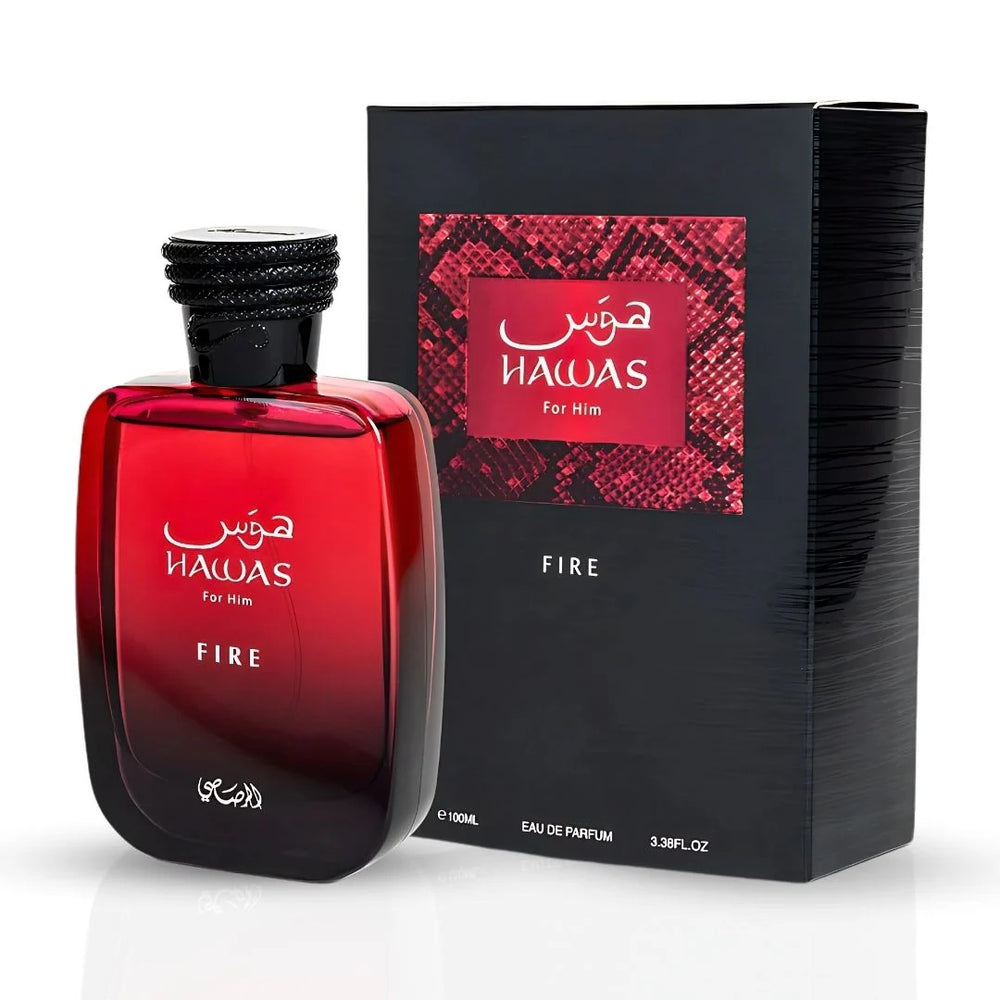 Hawas Fire for Him Eau De Parfum by Rasasi – 100ML bottle with luxurious black and red packaging, embodying a powerful masculine essence.