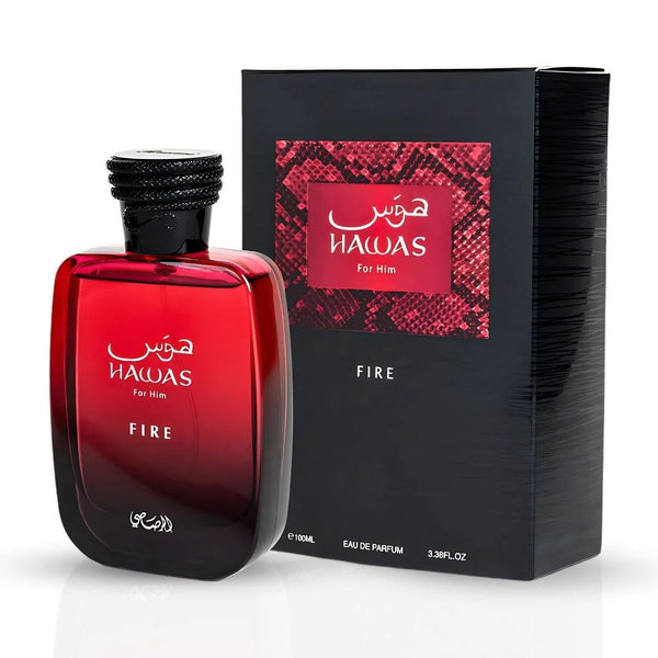 Hawas Fire for Him Eau De Parfum by Rasasi – 100ML bottle with luxurious black and red packaging, embodying a powerful masculine essence.