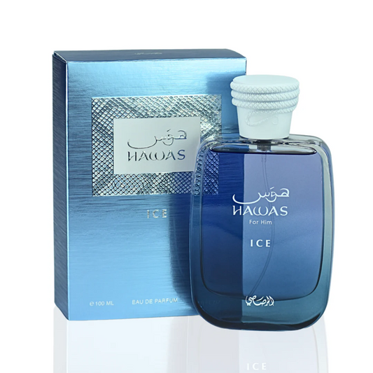 Hawas Ice for Men by Rasasi, featuring a sleek blue bottle and matching box design.