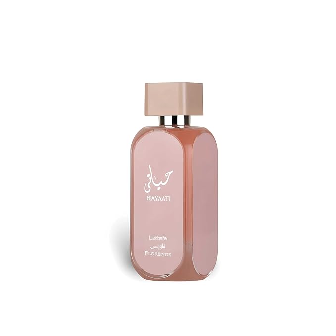 Hayaati Florence by Lattafa - Elegant 100ml Eau de Parfum bottle with a sleek pink and beige design.
