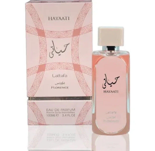 Hayaati Florence Eau de Parfum by Lattafa - 100ml perfume bottle paired with a sophisticated pink patterned box.