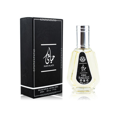 Hayaati Eau De Parfum 50ML by Ard Al Zaafaran, featuring a sleek clear bottle with silver accents alongside its elegant black packaging with white detailing.