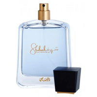 Shuhrah Pour Homme by Rasasi, featuring a 90ml sleek blue bottle with the cap removed.