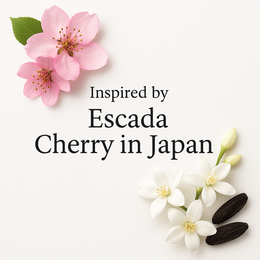 Inspired by Escada Cherry in Japan fragrance visual with cherry blossoms, jasmine flowers, and tonka beans on a clean white background.
