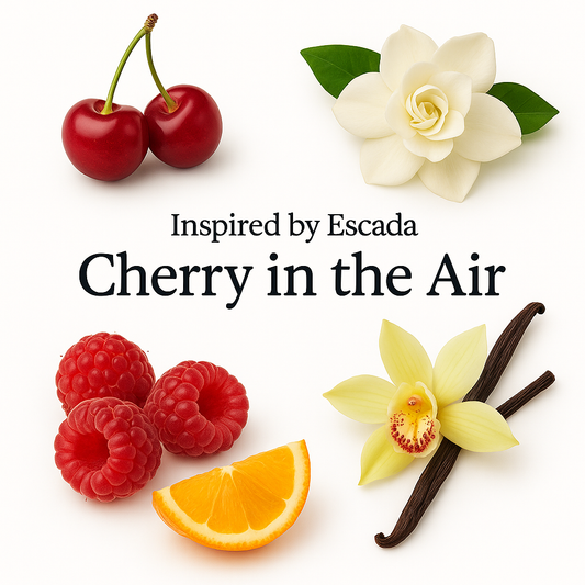 Inspired by Escada Cherry in the Air fragrance visual with cherries, raspberries, mandarin orange slices, vanilla beans, orchids, and gardenia flowers on a clean white background.