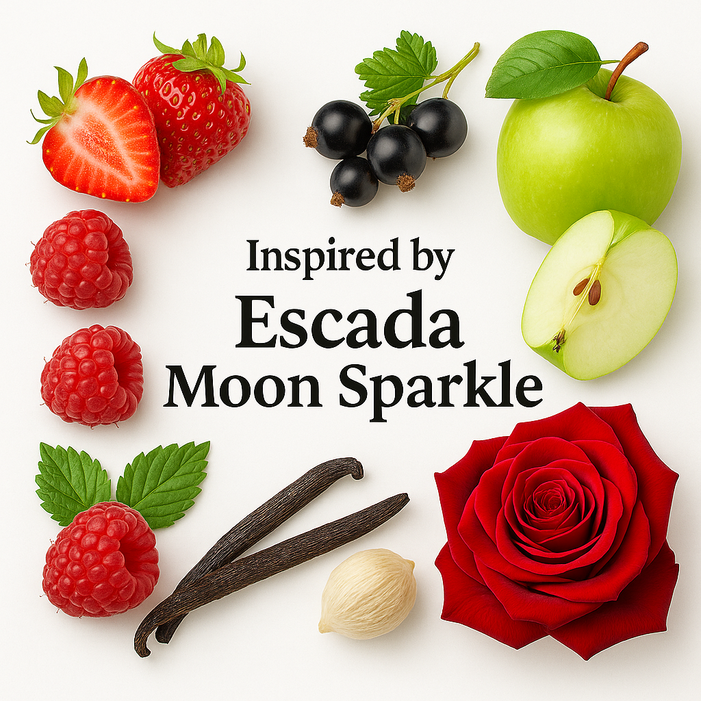 Inspired by Escada Moon Sparkle fragrance visual with strawberries, black currants, apples, roses, sweet peas, freesia, raspberries, and musk on a clean white background.