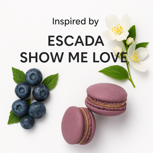 Inspired by Escada Show Me Love fragrance visual with blueberries, jasmine flowers, and colorful macarons on a clean white background.