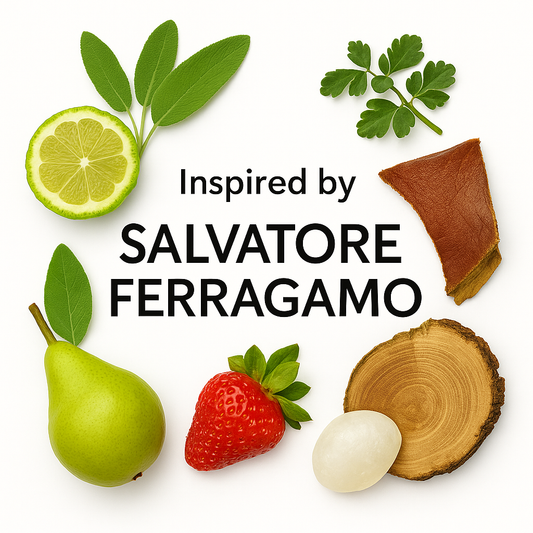 Inspired by Salvatore Ferragamo for Men fragrance visual with bergamot, sage leaves, cedarwood, leather texture, and musk on a clean white background