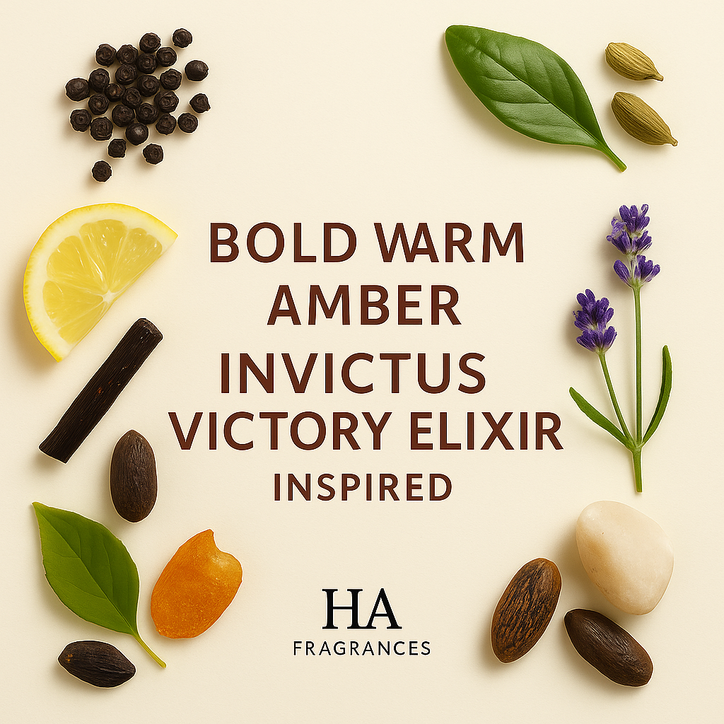 Invictus Victory Elixir Type Inspired perfume oil graphic by HA Fragrances featuring black pepper, cardamom, bergamot, lavender, vanilla, tonka bean, patchouli, and musk notes arranged around the centered fragrance title.