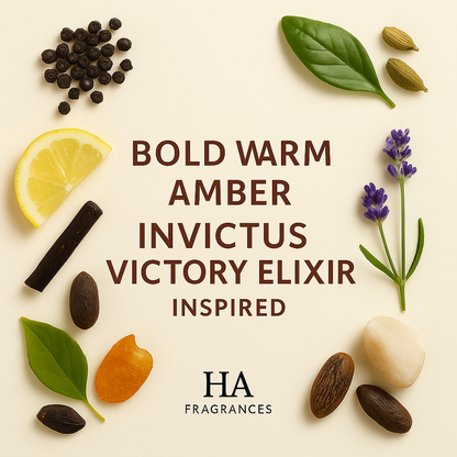 Invictus Victory Elixir Type Inspired perfume oil graphic by HA Fragrances featuring black pepper, cardamom, bergamot, lavender, vanilla, tonka bean, patchouli, and musk notes arranged around the centered fragrance title.