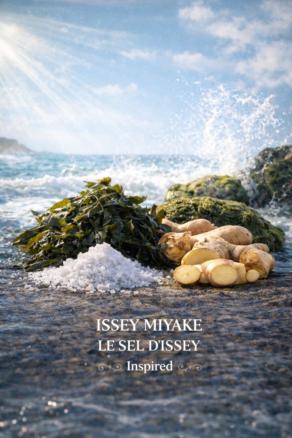 Notes-only fragrance image inspired by Issey Miyake Le Sel d’Issey featuring sea salt, ginger, seaweed, vetiver, cedarwood, and oakmoss ingredients in a clean luxury background for HA Fragrances fragrance oil.