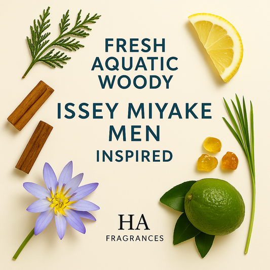 Issey Miyake Men Type Inspired perfume oil graphic by HA Fragrances featuring yuzu, lemon verbena, cypress, blue lotus, nutmeg, cinnamon, amber, and vetiver notes arranged around the centered fragrance title.