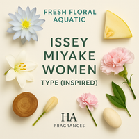 Issey Miyake Women Type Inspired perfume oil graphic by HA Fragrances featuring lotus, melon, rose petals, lily, peony, carnation, tuberose, musk, and light wood notes arranged around the centered fragrance title.