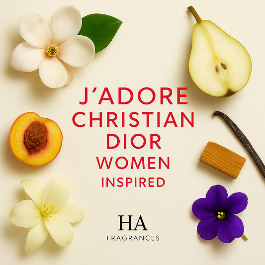J’adore Christian Dior Women Type Inspired perfume oil graphic by HA Fragrances featuring pear, magnolia, peach, jasmine, tuberose, violet, vanilla, cedar, and white musk notes arranged around the centered fragrance title