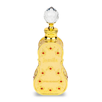 Luxurious Jamila perfume bottle by Swiss Arabian featuring a golden violin-inspired design with intricate red accents.