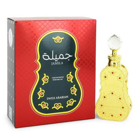 Jamila concentrated perfume oil by Swiss Arabian displayed with its vibrant red and gold packaging.