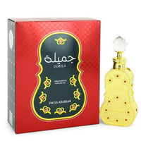 Jamila concentrated perfume oil by Swiss Arabian displayed with its vibrant red and gold packaging.