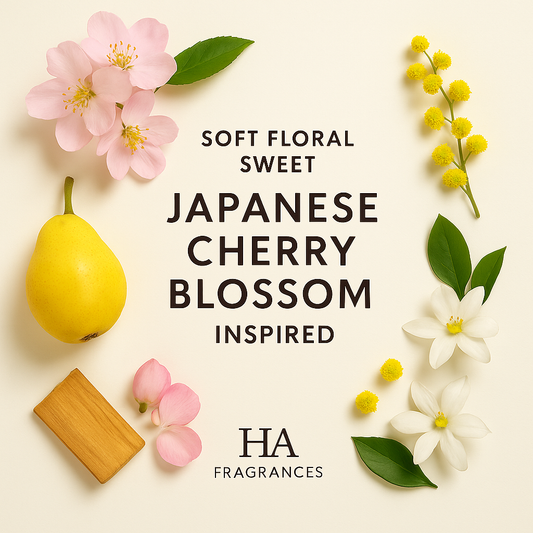 Japanese Cherry Blossom Type Inspired perfume oil graphic by HA Fragrances featuring cherry blossom petals, pear slices, jasmine flowers, yellow mimosa, and sandalwood pieces arranged around the centered fragrance title.