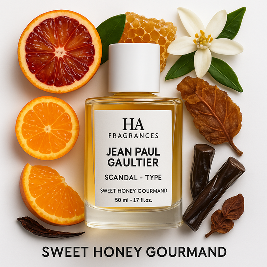 HA Fragrances Jean Paul Gaultier Scandal Type Inspired perfume oil with blood orange, honeycomb, caramel, and floral notes on a clean white background