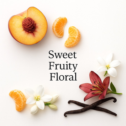 Inspired by Jimmy Choo I Want Choo fragrance with peach, mandarin, jasmine flowers, red lily, and vanilla beans arranged on a clean white background with Sweet Fruity Floral text overlay.