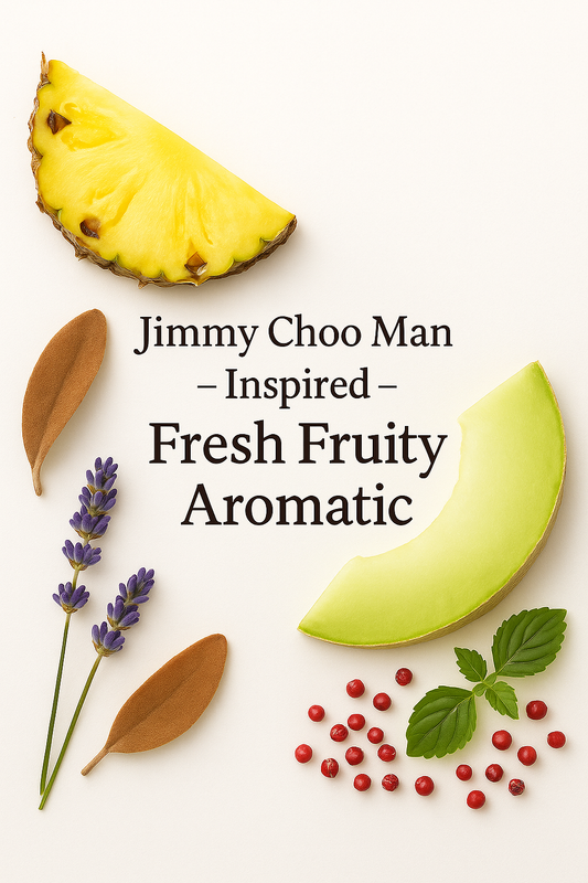 Jimmy Choo Man Inspired Fresh Fruity Aromatic fragrance image featuring pineapple, melon, lavender, suede and pink pepper notes arranged on a clean white background.