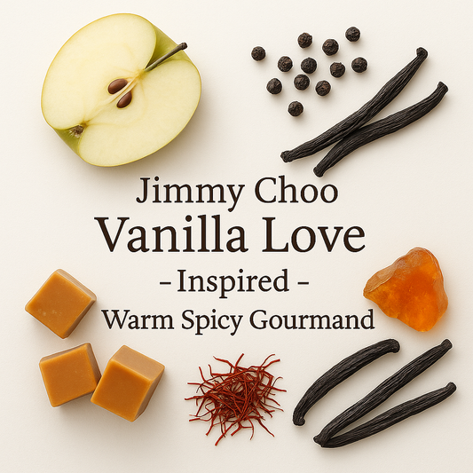 Jimmy Choo Vanilla Love Inspired Warm Spicy Gourmand fragrance image featuring apple slice, black peppercorns, vanilla beans, toffee cubes, saffron and amber on a clean white background.