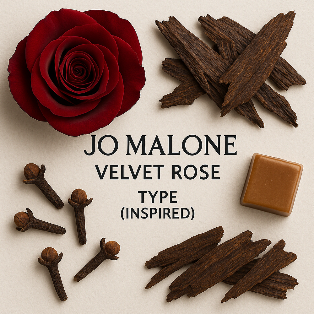 Jo Malone Velvet Rose Type inspired perfume oil with dark red rose, oud wood, clove, and praline notes arranged around the title.