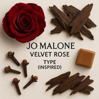 Jo Malone Velvet Rose Type inspired perfume oil with dark red rose, oud wood, clove, and praline notes arranged around the title.