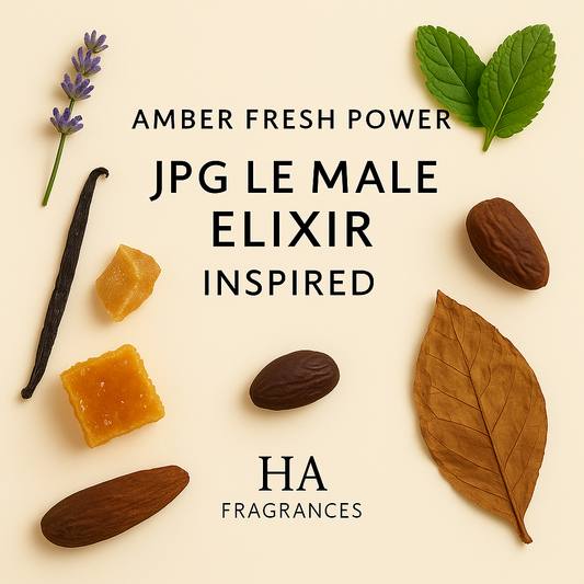 JPG Le Male Elixir Inspired fragrance image with lavender, mint, vanilla, honey, tonka bean, and tobacco notes arranged around the title on a cream background by HA Fragrances