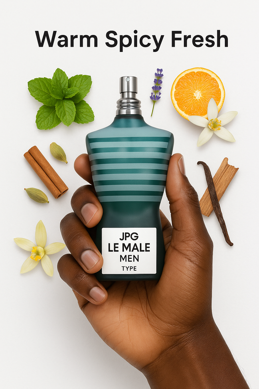 Dark-skinned hand holding a JPG Le Male Men Type Inspired fragrance bottle, surrounded by mint, lavender, cinnamon, cardamom, orange blossom, vanilla, and sandalwood on a white background
