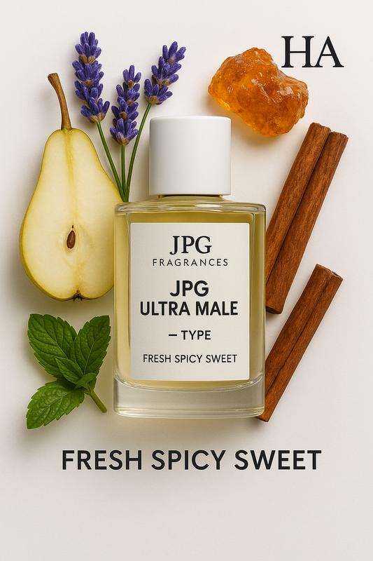 HA Fragrances Ultra Male Type Inspired perfume oil with pear, lavender, mint, cinnamon, amber, and cedar on a clean white background