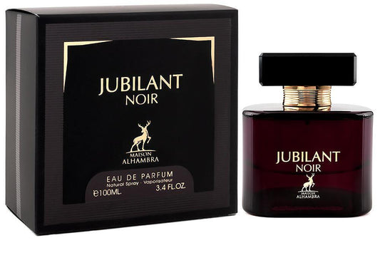 Jubilant Noir Eau de Parfum by Maison Alhambra, featuring a luxurious black and gold packaging with a sleek 100ML fragrance bottle.