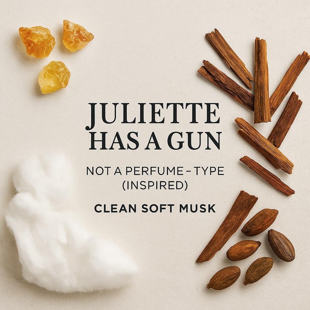 Not a Perfume Type inspired image featuring amber resin, cotton, and amberwood chips arranged around the fragrance title.