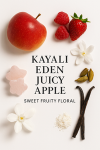Eden Juicy Apple Type inspired fragrance image with red apple, berries, jasmine flowers, vanilla beans, and sweet candy notes arranged around the title.