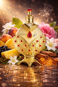 Khadlaj Hareem Al Sultan Gold concentrated perfume oil displayed in an ornate gold bottle surrounded by floral and warm gourmand accents.