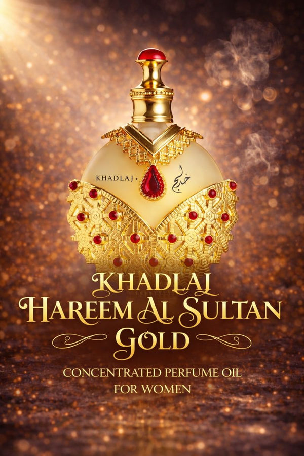 Khadlaj Hareem Al Sultan Gold concentrated perfume oil for women shown in a luxurious gold jeweled bottle against a rich glowing background.