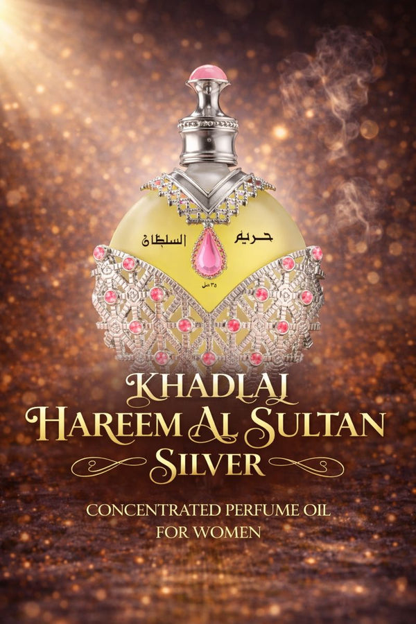Khadlaj Hareem Al Sultan Silver concentrated perfume oil for women shown in an elegant jeweled bottle with a luxurious golden background.
