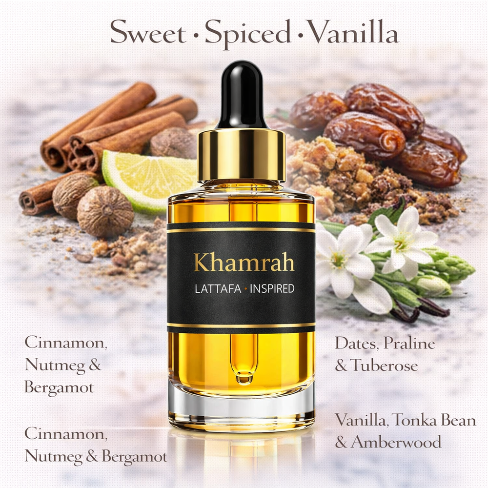 Khamrah Lattafa Inspired fragrance oil – Sweet Spiced Vanilla scent with cinnamon, dates, praline and amber on white background
