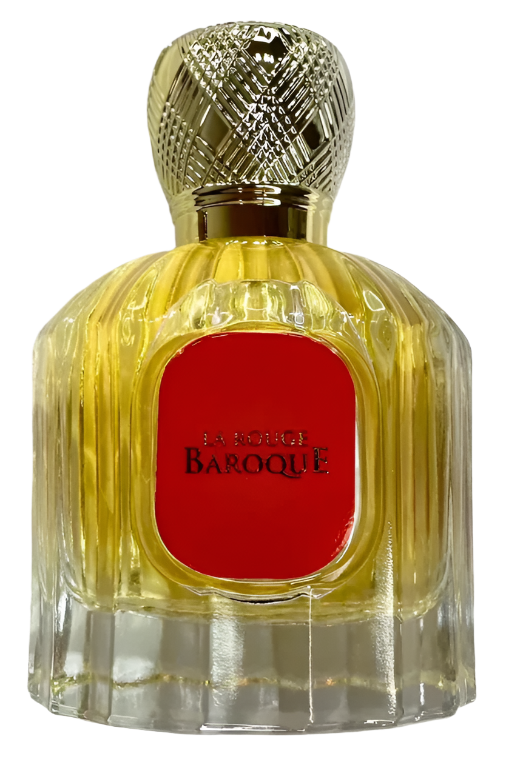 La Rouge Baroque Eau De Parfum 100ml by Maison Alhambra, featuring a luxurious gold bottle with a red accent and an intricate cap, exuding elegance and sophistication.