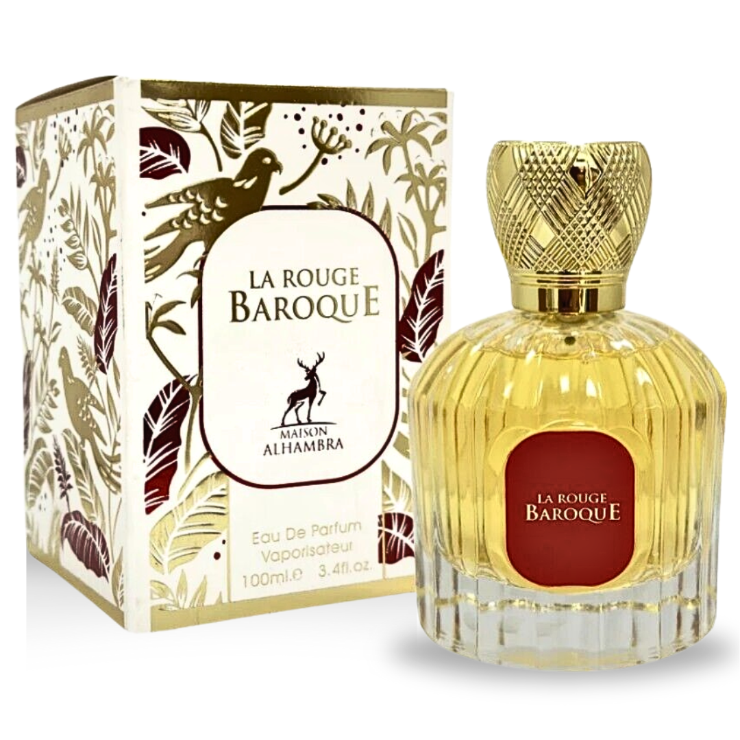 La Rouge Baroque Eau De Parfum 100ml by Maison Alhambra, showcased with its ornate packaging featuring gold floral designs, embodying a captivating and luxurious fragrance.