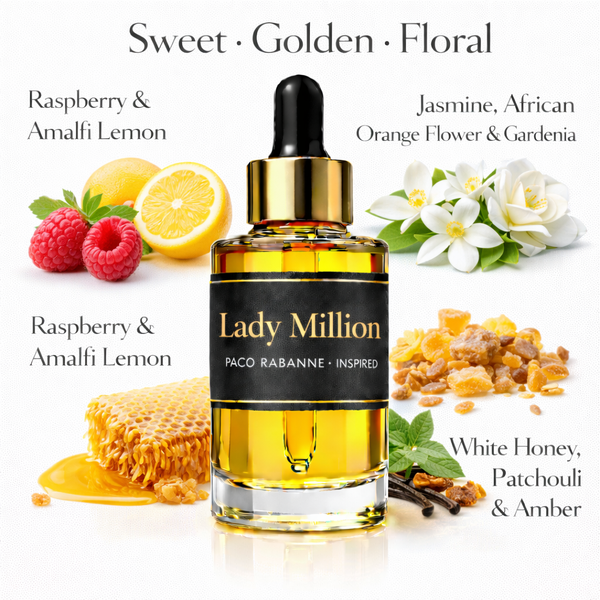 Lady Million Paco Rabanne Inspired fragrance oil – Sweet Golden Floral scent with raspberry, jasmine, honey and amber on white background