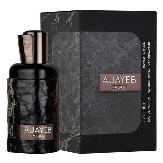 Lattafa Ajayeb Dubai Eau de Parfum - 3.4 Oz unisex fragrance featuring an elegant black textured bottle and matching sophisticated packaging.